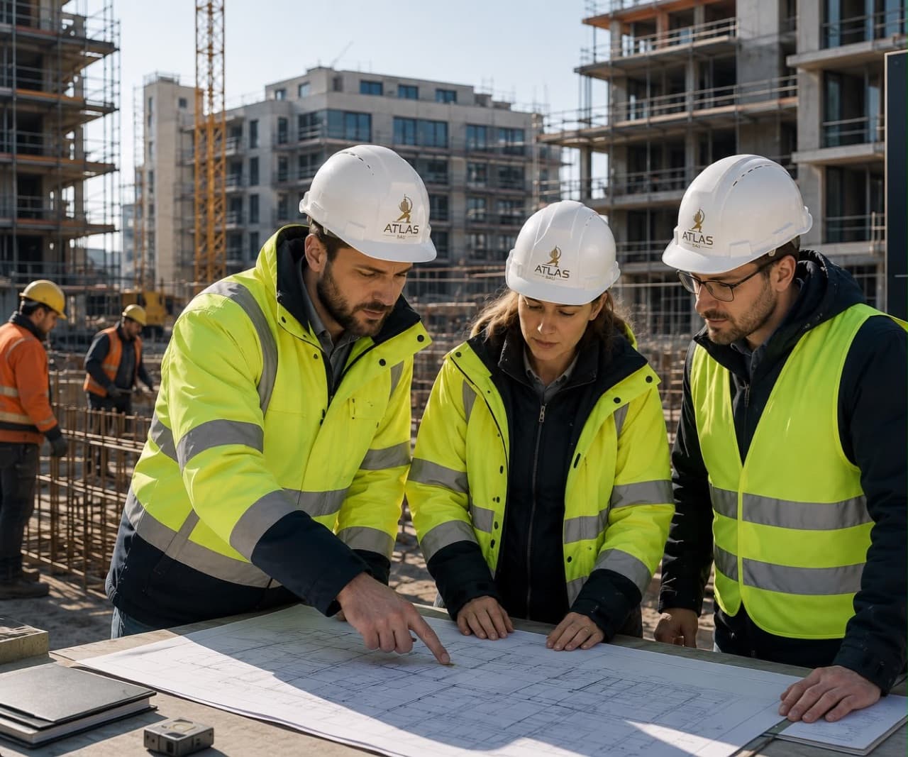 Zusammenarbeit & Vertrauen bei ATLAS BAU – Team im Gespräch auf der Baustelle